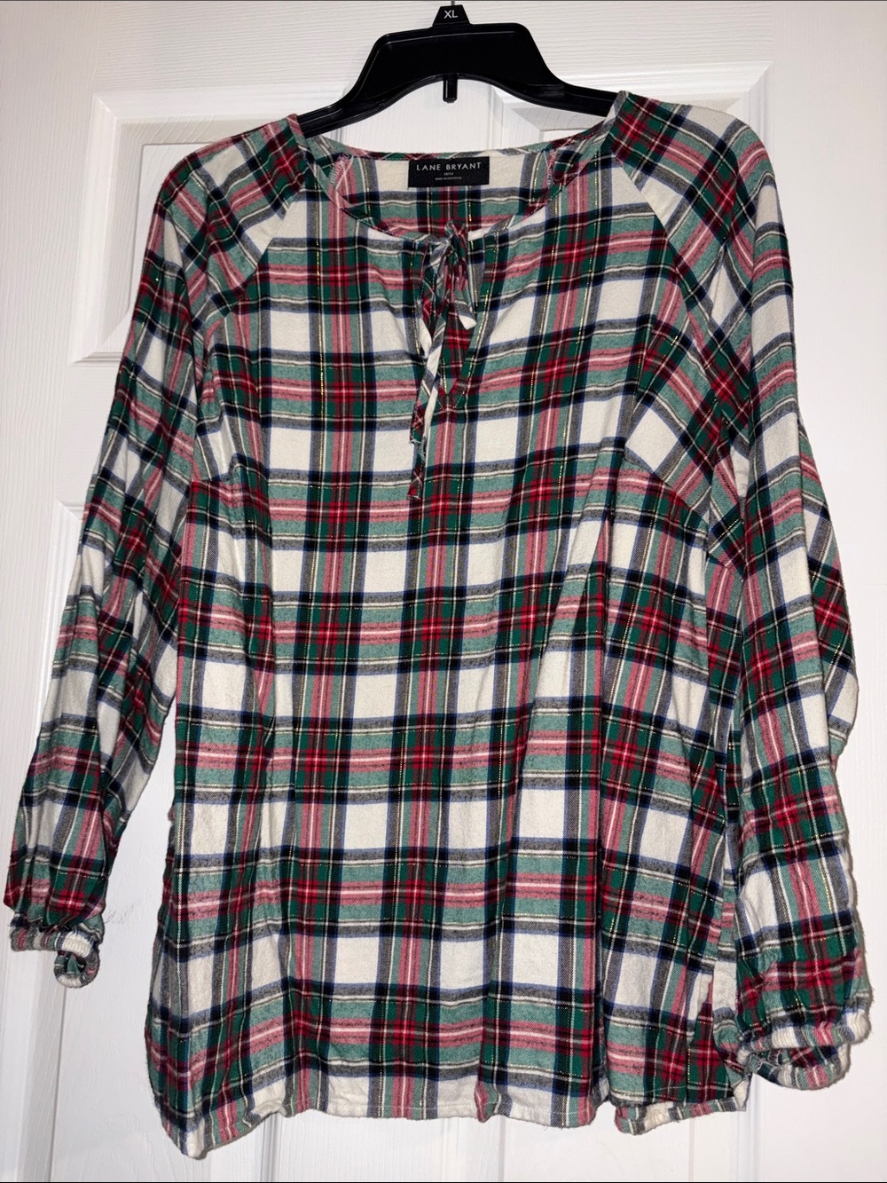 Lane Bryant Cream Plaid Tie-Front Tunic with Red and Green